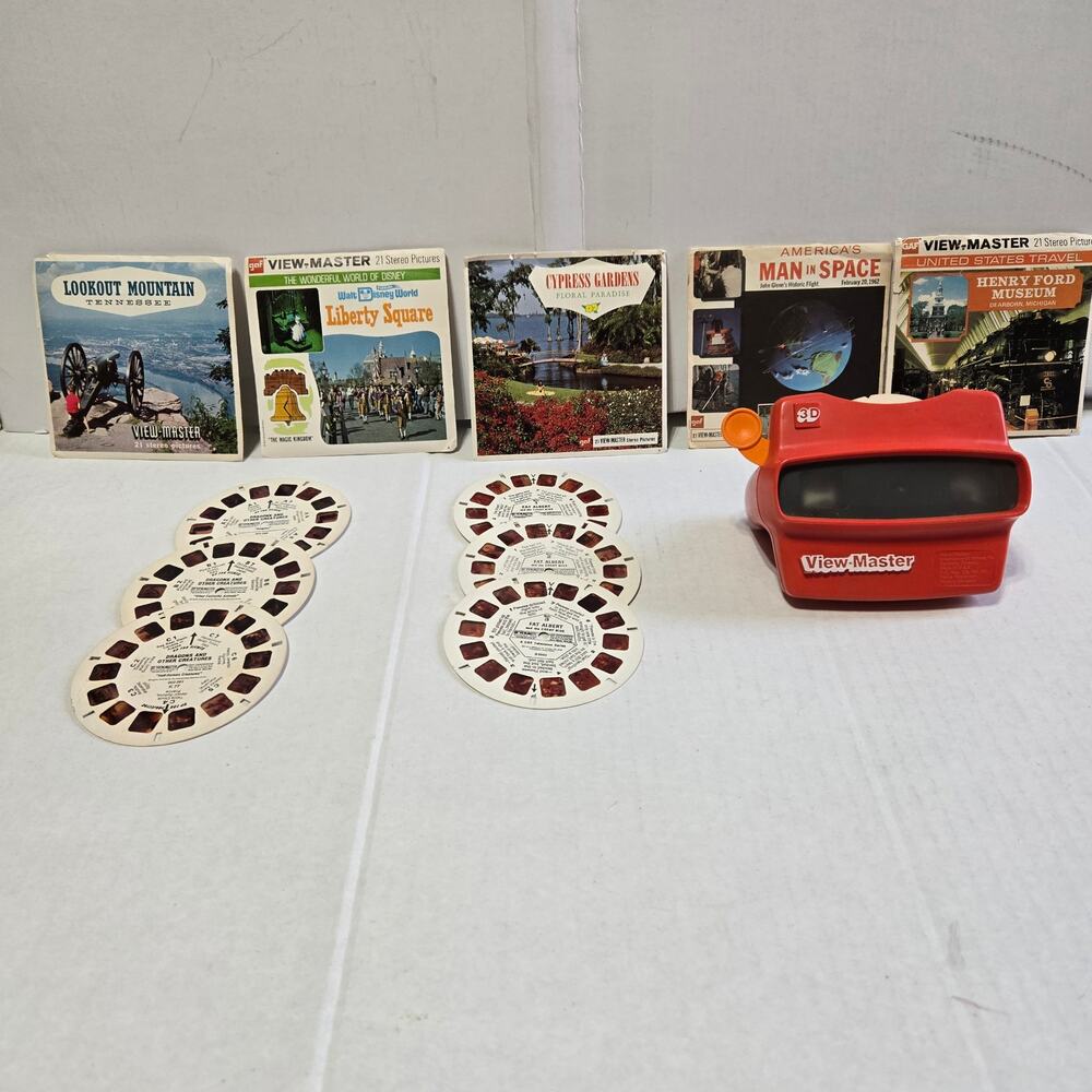 Vintage View-Master Red 3D Viewer & 7 Reel Sets Disney Space Bonus Fat Albert